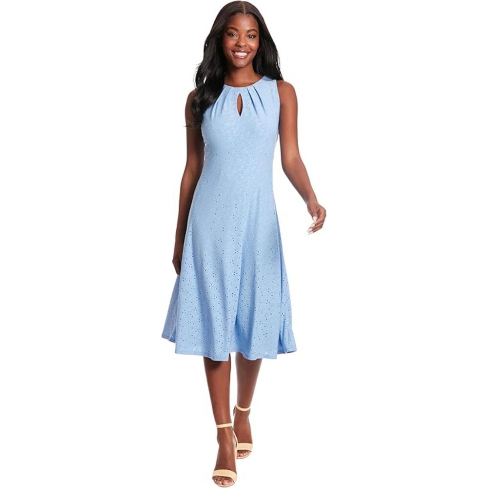 London Times Blue Eyelet Swing Fit And Flare Pleat Tuck Sleeveless Dress Sz 12